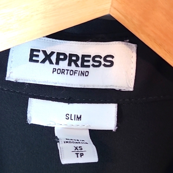 Express Slim-Fit Button Front Portofino Blouse Top Black XS Sheer Sleeves - Picture 5 of 6